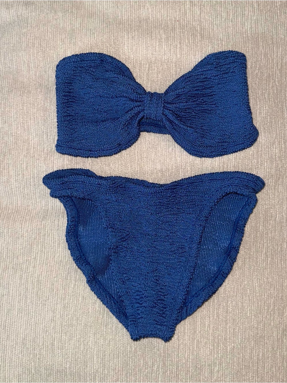 Hunza G Jean Bikini Set Metallic Denim Blue Strapless Bandeau Crinkle Stretchy